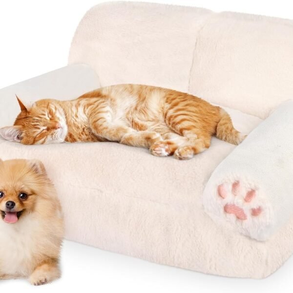 Pet Couch Bed for Cat & Dog, Fluffy Cat Beds for Indoor Cats with Scartchable Armrest & Water Resistant Lining, Dog Beds for Small Dogs & Cats Up to 25lbs, Washable Cat Couch Cat Sofa