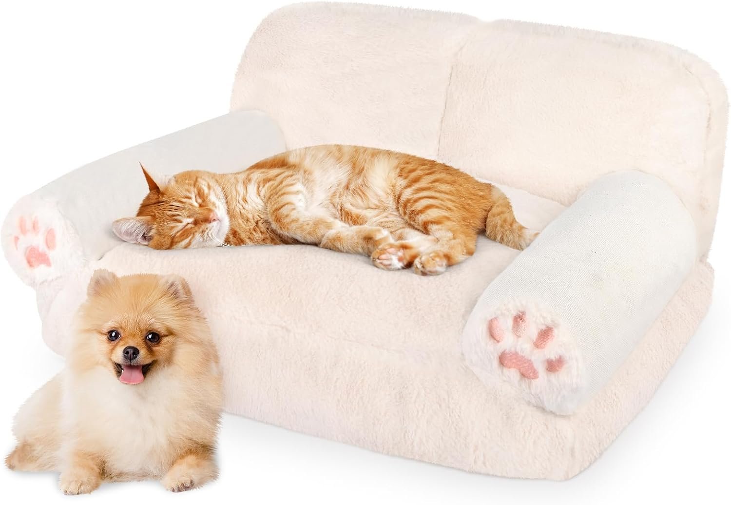 Pet Couch Bed for Cat & Dog, Fluffy Cat Beds for Indoor Cats with Scartchable Armrest & Water Resistant Lining, Dog Beds for Small Dogs & Cats Up to 25lbs, Washable Cat Couch Cat Sofa
