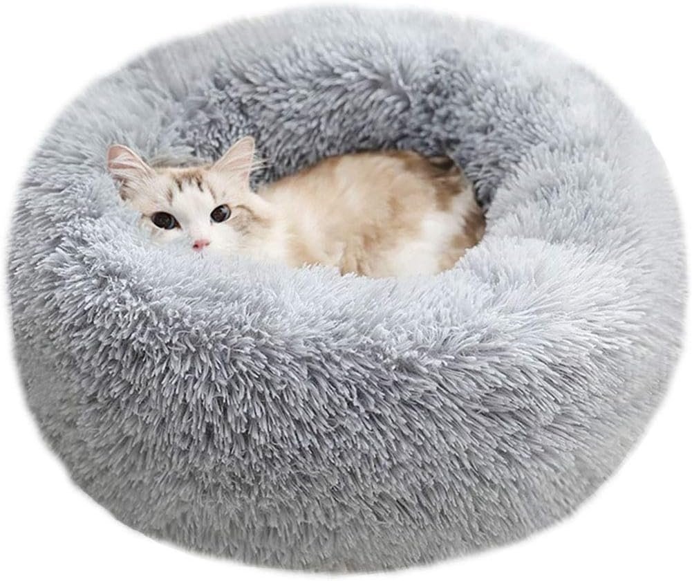 Modern Soft Plush Round Pet Bed for Cats or Small Dogs, Mini Medium Sized Dog Cat Bed Self Warming Autumn Winter Indoor Snooze Sleeping Cozy Kitty Teddy Kennel (20'' D x 8'' H, Light Grey)