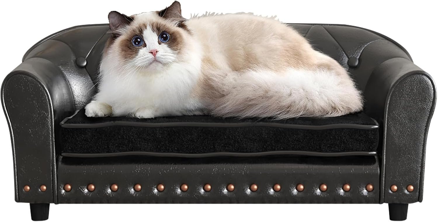 Dog Sofa and Chair/Luxury PU Leather Pet Sofa Chair/with Copper Nail Dog Couch/Wooden Frame Cat Sofa Chair/Dog Sofa Bed with Suede Cushion for Small Dog Using(Black)