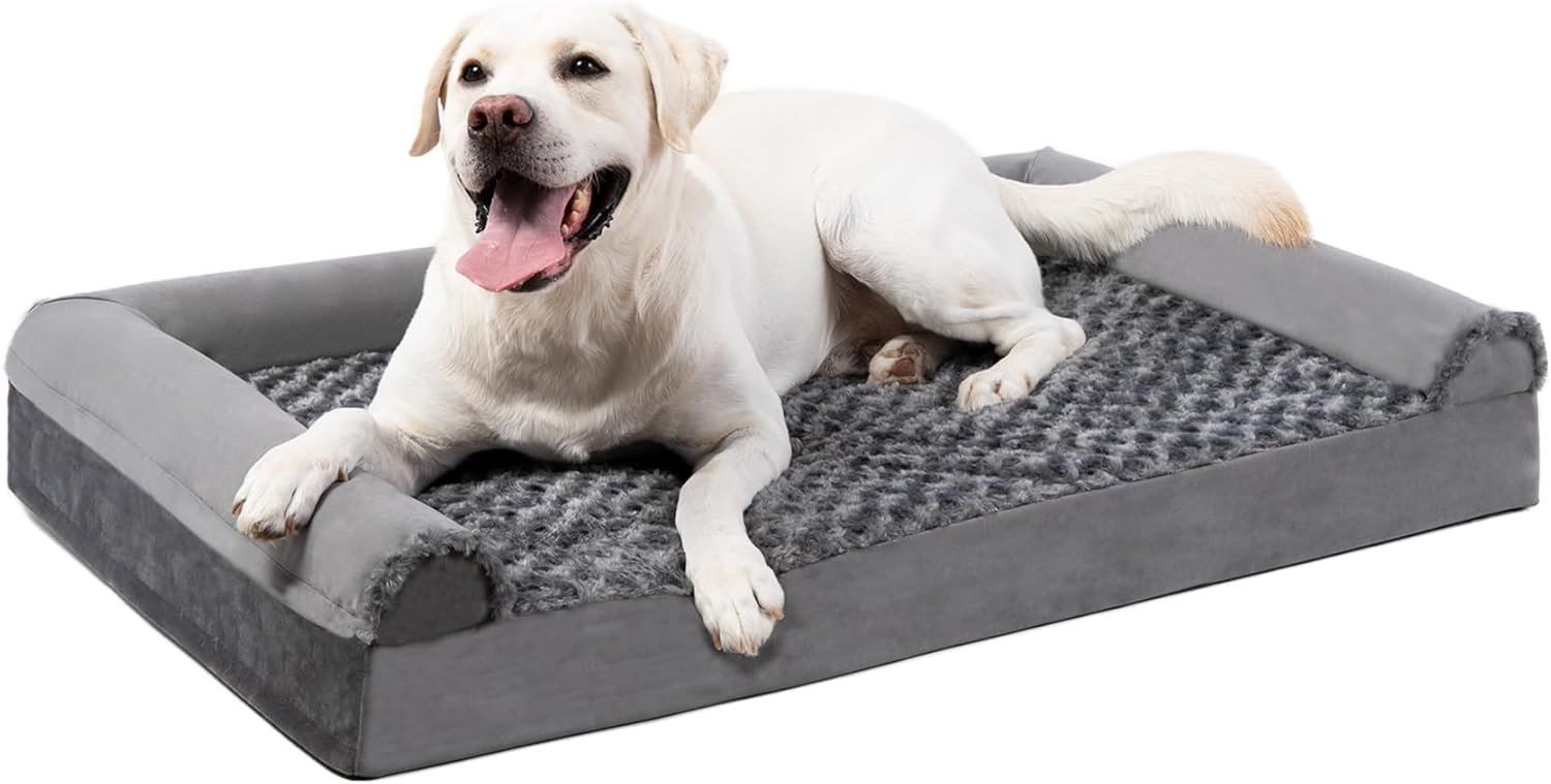 Orthopedic Dog Bed for Medium Large Dogs - Big Sofa Bed with Removable Washable Cover, Waterproof Lining, Nonskid Bottom, Foam Dog Couch Bed with Sides Bolster, Grey,36x27x6 Inch