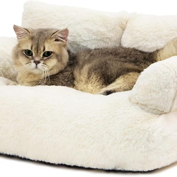 Dog Couch, Washable Cat Couch for Indoor, Calming Cat Couch Pet Sofa Bed Puppy Sleeping Bed with Pillow, Fluffy Cat Bed for Small Cats & Dogs (Large, Beige)