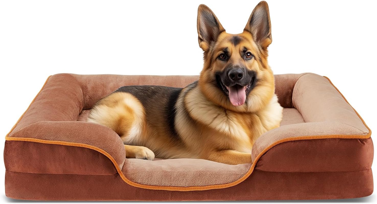 Orthopedic Dog Bed, Memory Foam Puppy Sleeping Sofa for Large Pets with Washable Removable Cover Non-Slip Base Waterproof Liner Egg Crate, Classic Brown, 35" L x 25" W x 6.5" Th