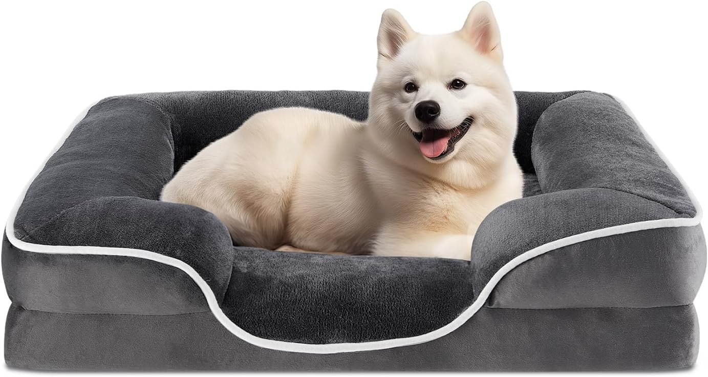 Orthopedic Dog Bed, Memory Foam Puppy Sleeping Sofa for Medium Pets with Washable Removable Cover Non-Slip Base Waterproof Liner Egg Crate, Classic Grey, 28" L x 23" W x 6.5" Th