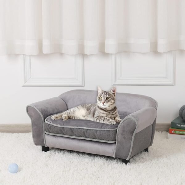 Small Dog Sofa Bed, Velvet Cat Couch with Washable Cushion & Plastic Legs (29 x 16 x 12.7 inches (Gray)