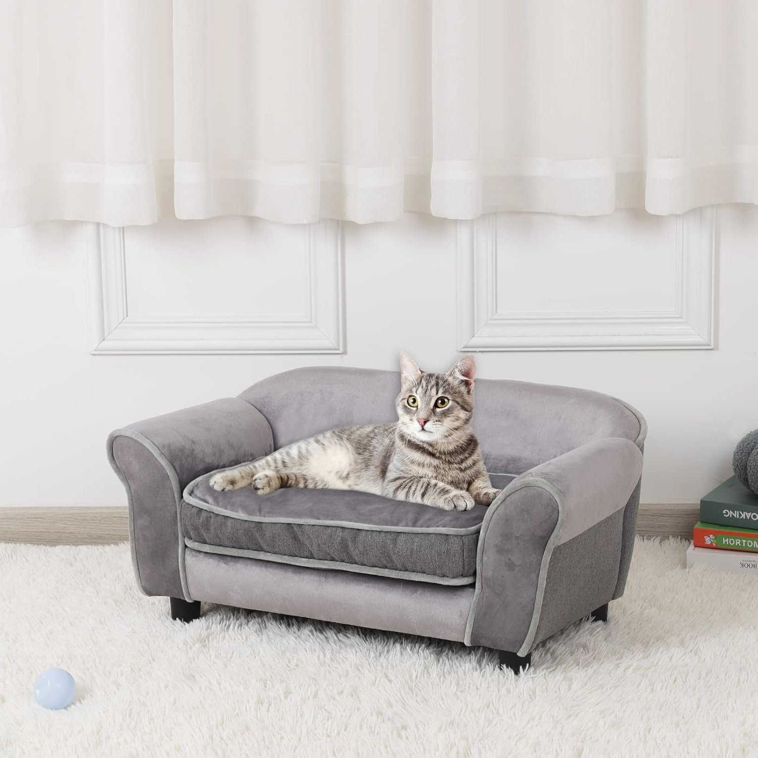 Small Dog Sofa Bed, Velvet Cat Couch with Washable Cushion & Plastic Legs (29 x 16 x 12.7 inches (Gray)