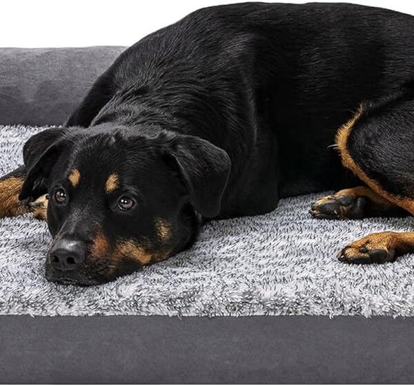 Orthopedic Dog Bed for Large Dogs w/ Removable Bolsters & Washable Cover, For Dogs Up to 95 lbs - Two-Tone Plush Faux Fur & Suede L Shaped Chaise - Stone Gray, Jumbo/XL