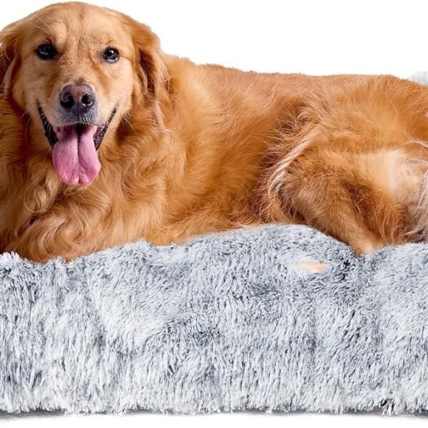 Fluffy Dog Crate Bed for Extra Large Dogs, Plush Faux Fur Pad, Calming Anti Anxiety XL Bed for Crate, Washable Soft Warm Dog Mat with Non-Slip Bottom, Grey