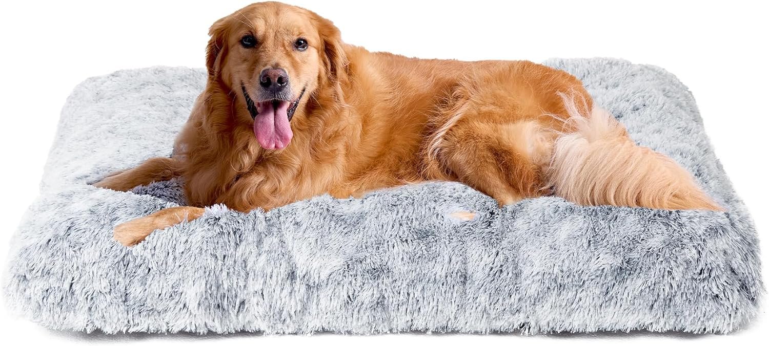 Fluffy Dog Crate Bed for Extra Large Dogs, Plush Faux Fur Pad, Calming Anti Anxiety XL Bed for Crate, Washable Soft Warm Dog Mat with Non-Slip Bottom, Grey