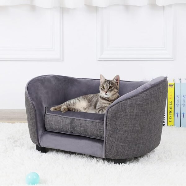 Pet Sofa Bed, Velvet & Linen Fabric Dog Couch with Washable Cushion for Small Dog Cat Gray (Gray)