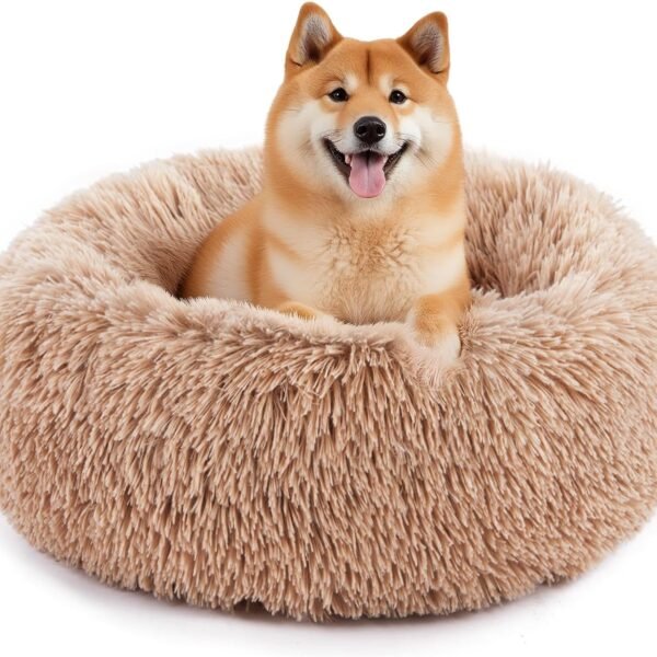 Calming Donut Dog & Cat Bed, Machine Washable Cuddle Warming Cozy Fluffy Faux Fur Plush Round Anti-Anxiety Waterproof Anti-Slip Pet Sleeping Sofa, Classic Brown, 24x24x8 inches