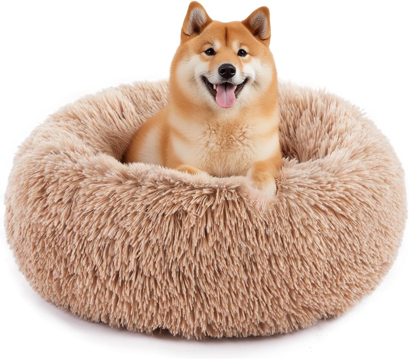 Calming Donut Dog & Cat Bed, Machine Washable Cuddle Warming Cozy Fluffy Faux Fur Plush Round Anti-Anxiety Waterproof Anti-Slip Pet Sleeping Sofa, Classic Brown, 24x24x8 inches