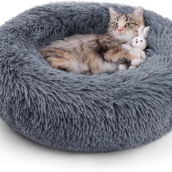 Cat Beds for Indoor Cats, 20 inches Cat Bed Machine Washable, Fluffy Round Pet Bed Non-Slip, Calming Soft Plush Donut Cuddler Cushion Self Warming for Small Dogs Kittens, Dark Grey, Medium