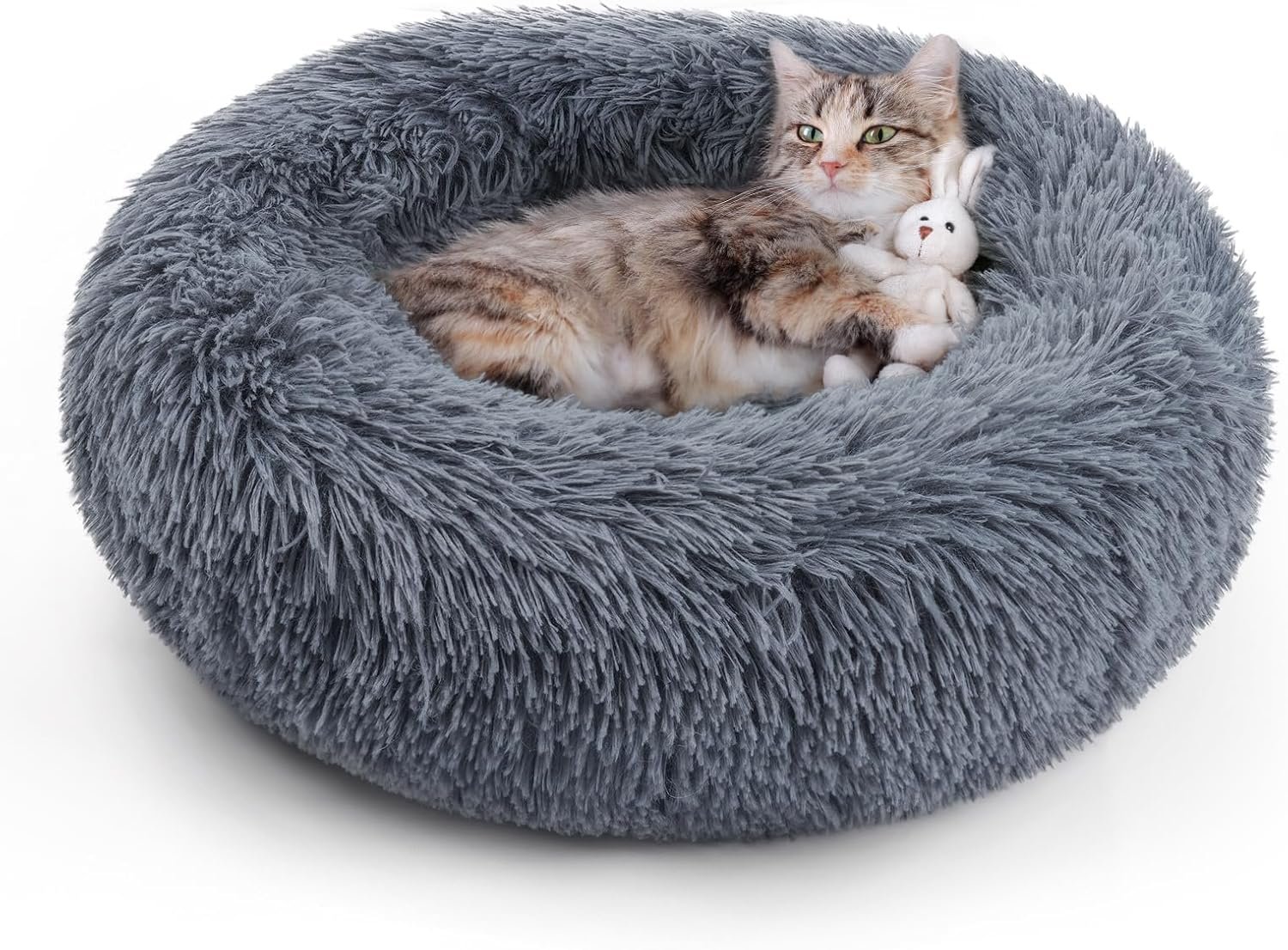 Cat Beds for Indoor Cats, 20 inches Cat Bed Machine Washable, Fluffy Round Pet Bed Non-Slip, Calming Soft Plush Donut Cuddler Cushion Self Warming for Small Dogs Kittens, Dark Grey, Medium