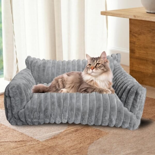 Cat Couch Bed for Pets, Washable Small Dog & Cat Beds for Indoor Cats, Soft Corduroy Plush, Fluffy Cute Cat Sofa Bed with Removable Cover, Cat Chair for Small Dog & Cat, 24inch, Grey
