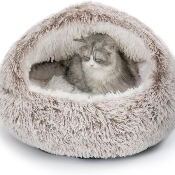 Plush Hooded Cat Bed, Calming Nest, Self-Warming Cave, Cozy Pod for Indoor Cats or Small Dogs, Removable Washable Cove With Non-Slip Bottom