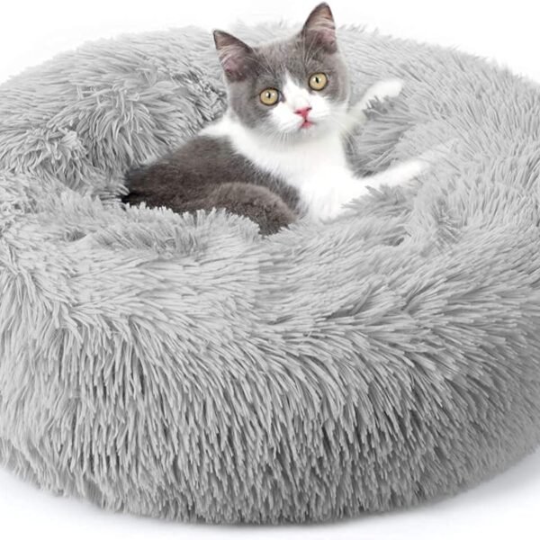 Cat Beds for Indoor Cats, 20 inches Cat Bed Machine Washable, Fluffy Round Pet Bed Non-Slip, Calming Soft Plush Donut Cuddler Cushion Self Warming for Small Dogs Kittens, Light Grey, Medium