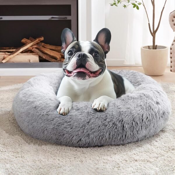 Calming Dog & Cat Bed for Small Dogs, Anti-Anxiety Donut Cuddler Cozy Soft Round Bed with Anti-Slip Bottom, Fluffy Faux Fur Plush Cushion Beds for Small Medium Dogs (20")