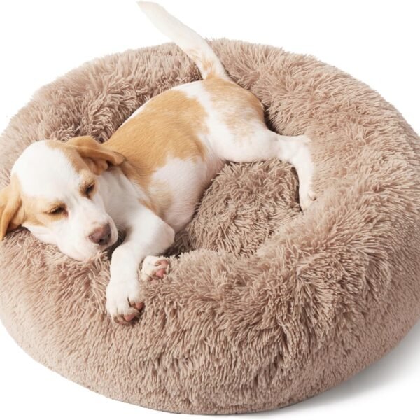 Calming Dog Bed for Small Dogs - Donut Washable Small Puppy Bed, 23 inches Anti-Slip Round Fluffy Plush Faux Fur Large Cat Bed, Fits up to 25 lbs Pets, Camel