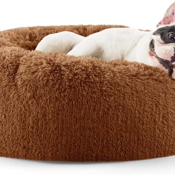 Calming Dog Bed for Small Dogs - Donut Washable Small Pet Bed, 23 inches Anti-Slip Round Fluffy Plush Faux Fur Large Cat Bed, Fits up to 25 lbs Pets, Caramel