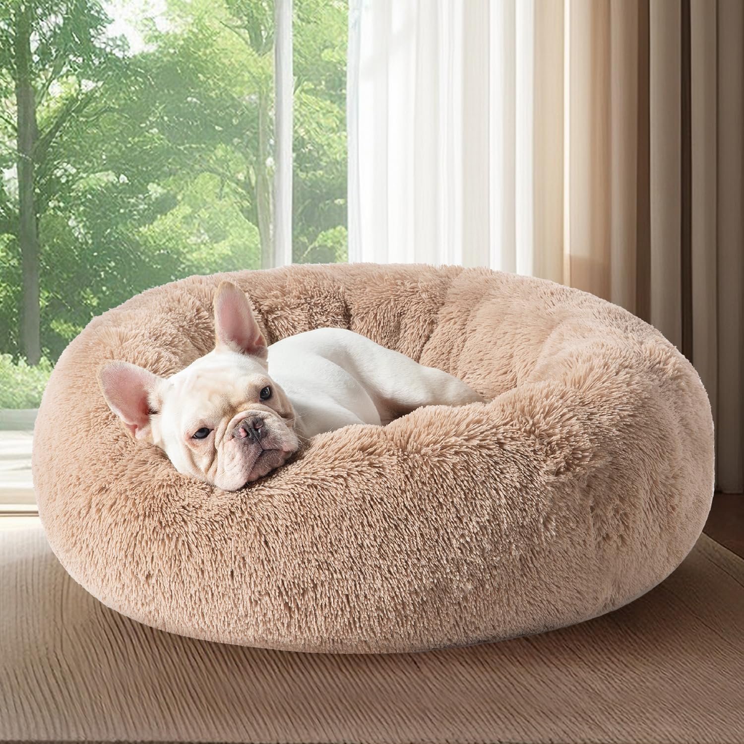 Calming Dog Bed for Medium Dogs - Donut Washable Medium Pet Bed, 30 inches Anti-Slip Round Fluffy Plush Faux Fur Cat Bed, Fits up to 45 lbs Pets, Camel