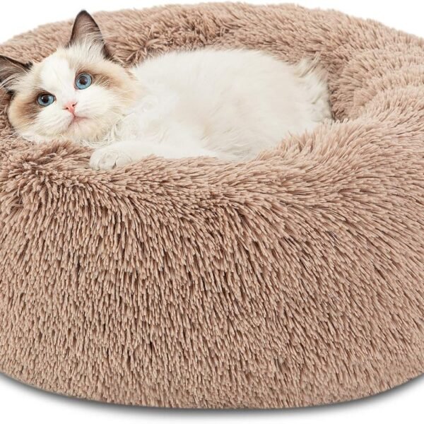 Calming Cat Beds for Indoor Cats - Small Cat Bed Washable 20 inches, Anti-Slip Round Fluffy Plush Faux Fur Pet Bed, Fits up to 15 lbs Pets, Camel