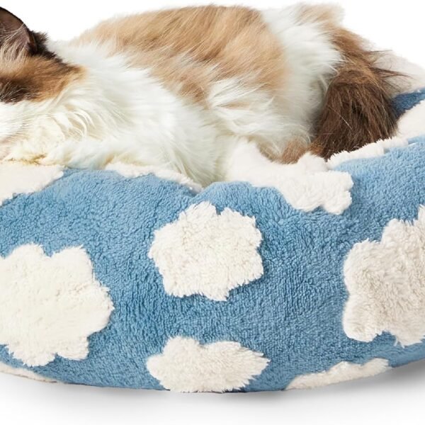 Donut Cat Beds for Indoor Cats - Small Round Dog Bed for Calming Pets with Washable Cover, Cute Modern Puppy Beds with Jacquard Shaggy Plush & Anti Slip Bottom, 20 Inch, Blue