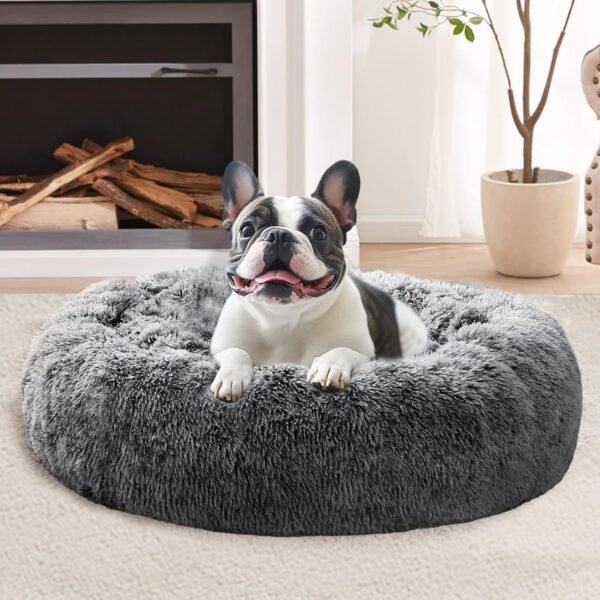 Calming Dog & Cat Bed for Small Dogs, Anti-Anxiety Donut Cuddler Cozy Soft Round Bed with Anti-Slip Bottom, Fluffy Faux Fur Plush Cushion Beds for Small Medium Dogs, 20"/Smoke Black