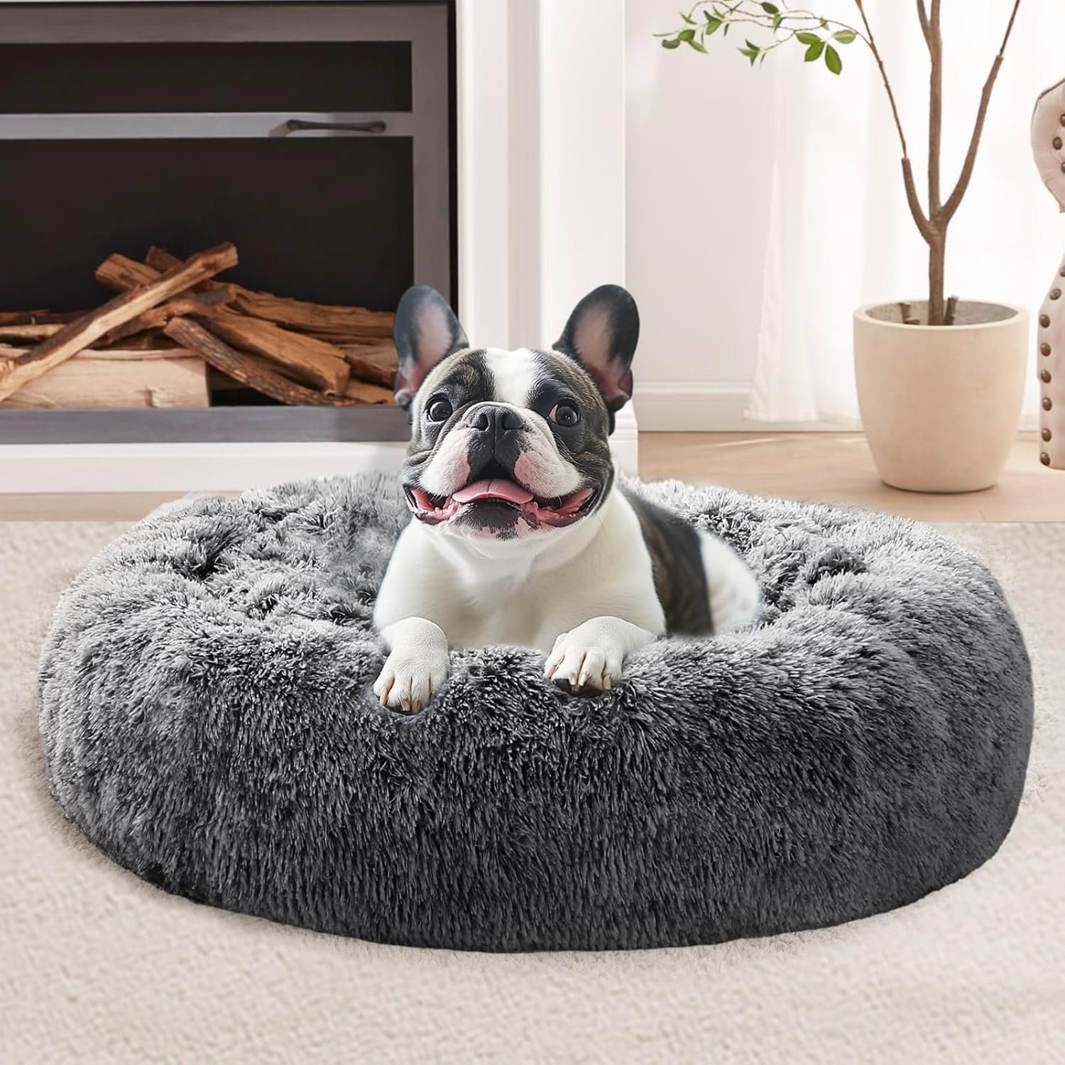 Calming Dog & Cat Bed for Small Dogs, Anti-Anxiety Donut Cuddler Cozy Soft Round Bed with Anti-Slip Bottom, Fluffy Faux Fur Plush Cushion Beds for Small Medium Dogs, 20"/Smoke Black
