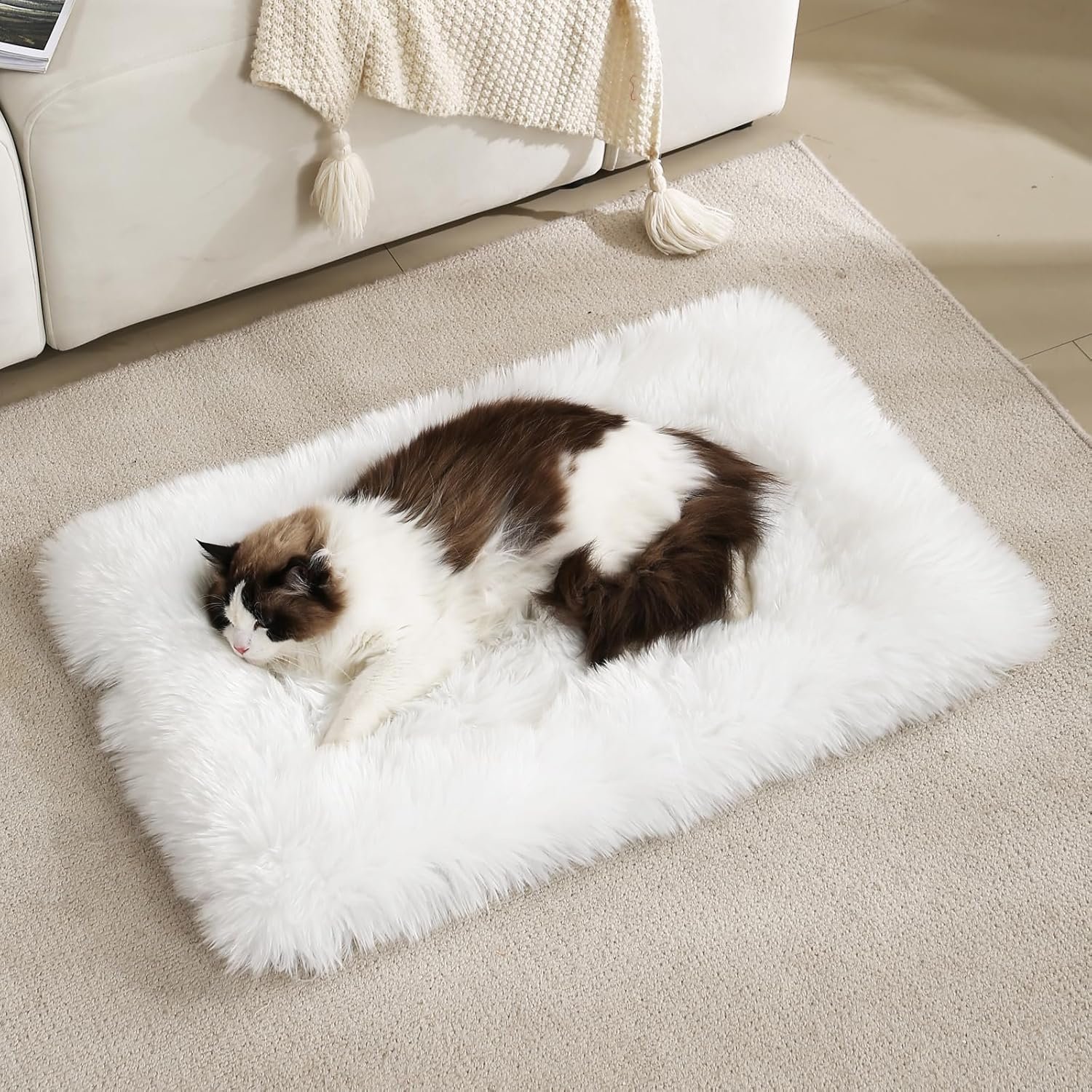 Fluffy Dog Cat Bed Mat 19.6x31.4 inch, Washable Soft Plush Faux Fur Warm Area Puppy Pads Blanket for Indoor Pet Sleep Cushion White