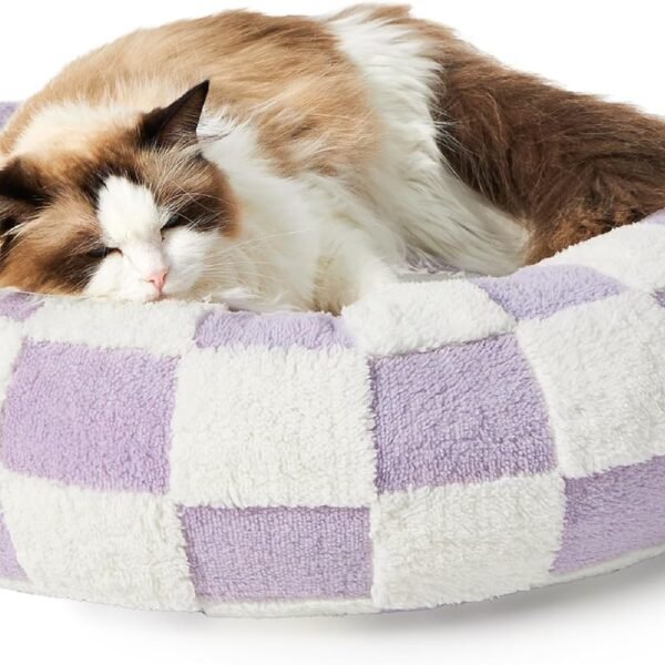 Cat Beds for Indoor Cats - Round Cat Bed Donut Small Dog Bed Calming Pet Beds, Cute Modern Beds with Jacquard Shaggy Plush & Anti Slip Bottom, 20 Inch, Purple