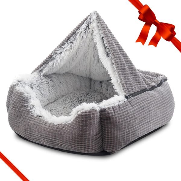Dog Beds for Small Dogs, Rectangle Cave Hooded Blanket Puppy Bed, Luxury Orthopedic Cat Beds for Indoor Cats, Warmth and Machine Washable (20 inches, Grey)